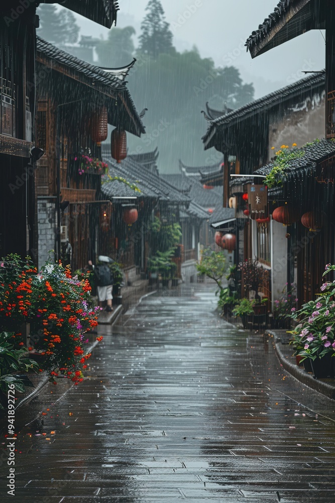 Obraz premium Landscape of an Asian village street in the rain
