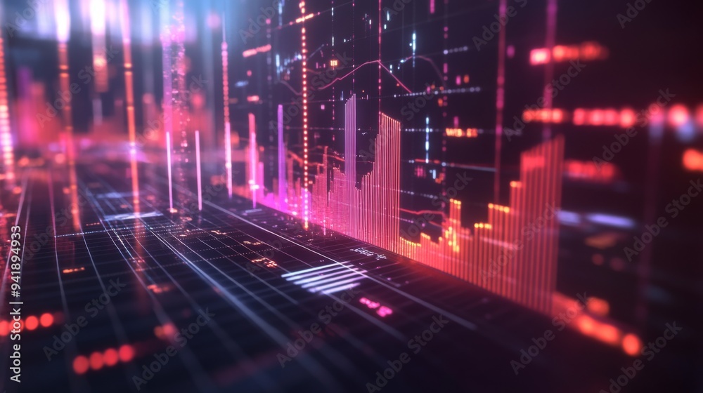 A futuristic 3D graph with holographic effects, showing financial statistics and trends in a visually engaging and high-tech design. A futuristic 3D graph with holographic effects, showing financial statistics and trends in a visually engaging and high-tech design.