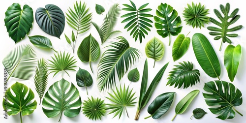 Tropical Leaf Collection Lush Greenery on White Background, palm leaves, tropical leaves, botanical, nature, plants