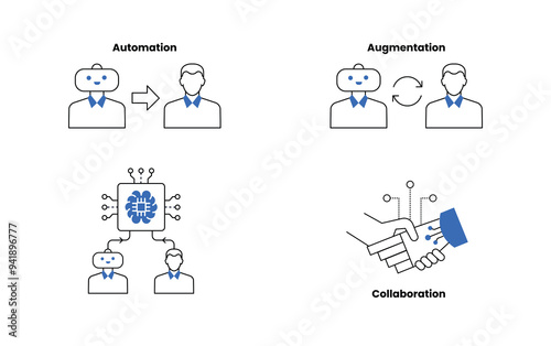 AI-Powered Work Dynamics Icons - Automation, Augmentation, Collaboration, and Human-AI Partnership - Editable Stroke and Colors