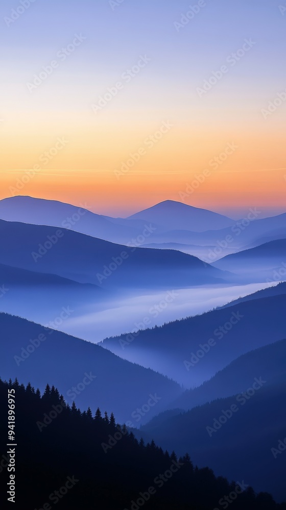 Tranquil dawn over misty mountains with a serene color gradient Tranquil dawn over misty mountains with a serene color gradient