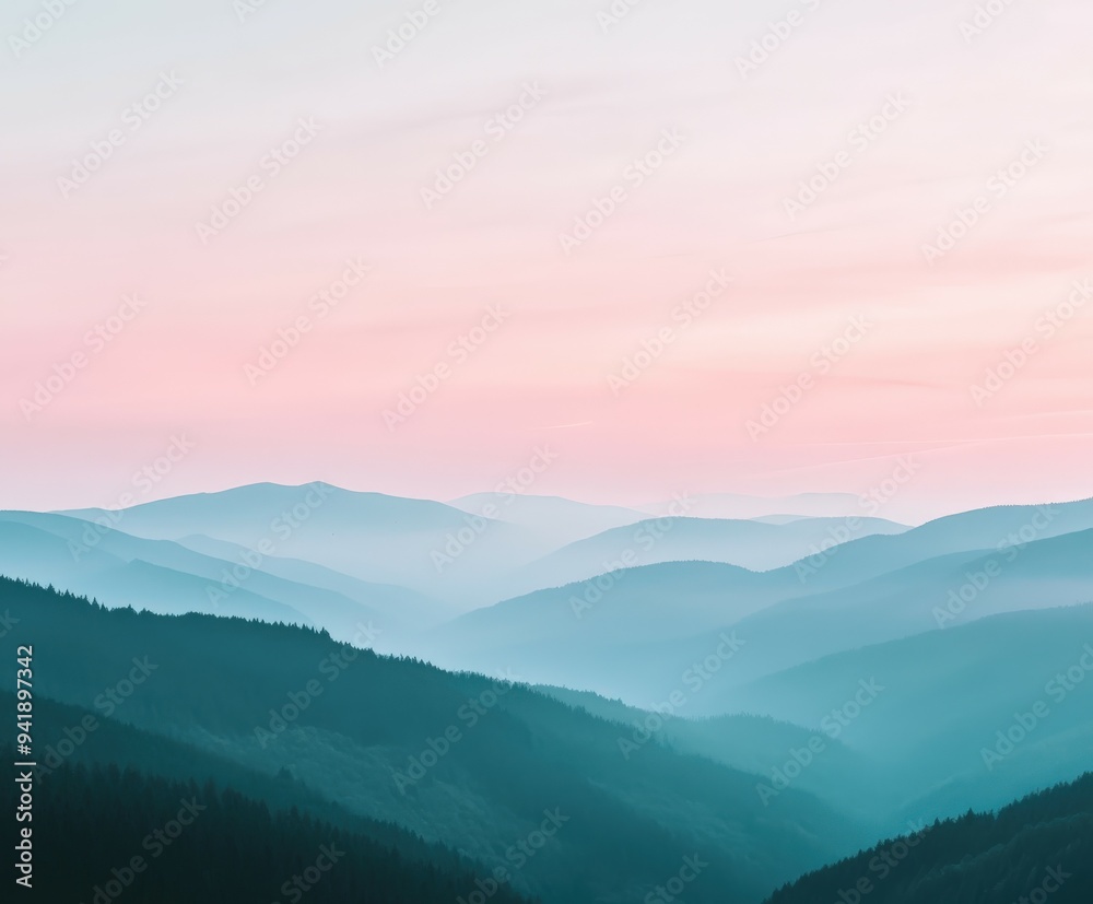 Serene mountain landscape with soft pastel colors at sunrise Serene mountain landscape with soft pastel colors at sunrise