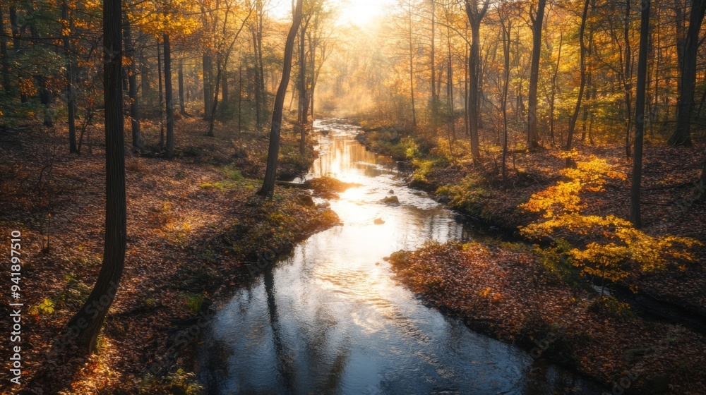 Obraz premium A high-angle view of a tranquil stream winding through a forest, with sunlight filtering through the trees and reflecting off the water.