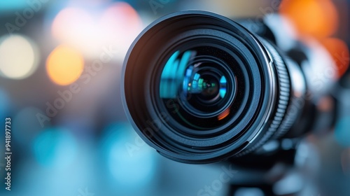 A high-definition close-up photograph of a professional camera lens, showcasing the intricate design and precision engineering involved in high-quality photography equipment.