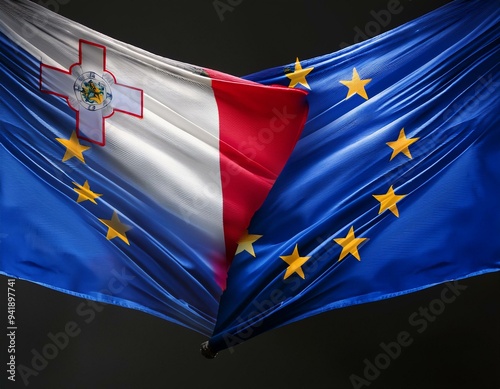 Malta and european union flag united in the wind on a black background. Malta presidency in European Union