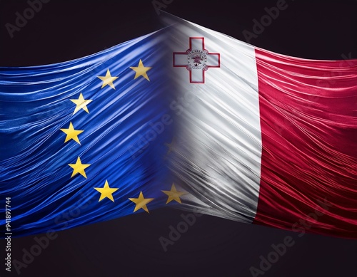 Malta and european union flag united in the wind on a black background. Malta presidency in European Union