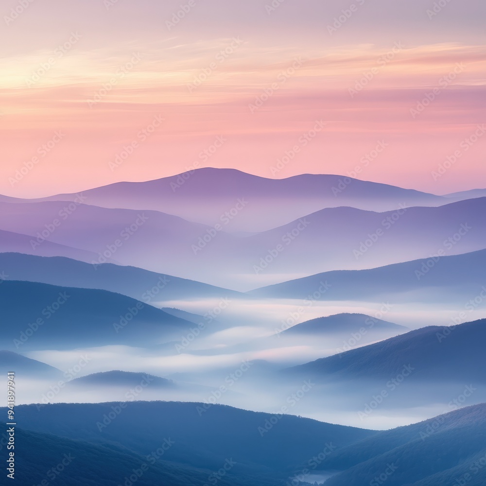Serene mist-covered mountains during sunrise in the tranquil landscape Serene mist-covered mountains during sunrise in the tranquil landscape