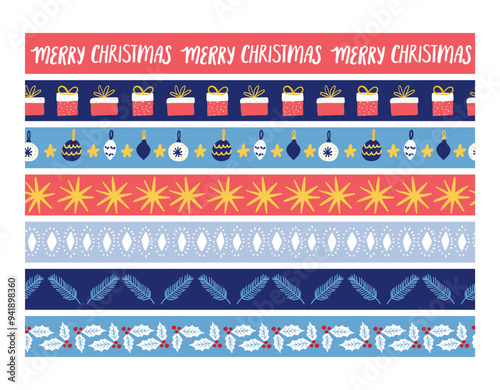 Christmas borders and ornaments, seamless tape designs decorated xmas gifts, lettering, stars and holly berries. Vector illustration, masking tape texture