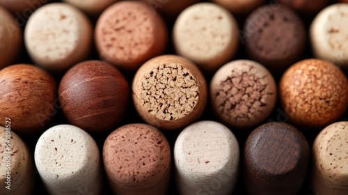 A neat arrangement of wine corks displayed in various neutral tones, highlighting their unique textures and rustic charm, suitable for artisanal and eco-friendly projects. photo