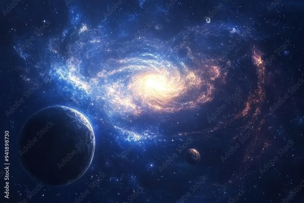 Obraz premium A Planet Orbiting a Bright, Whirlwind Galaxy in Deep Space