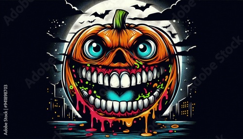 Bold lithographic style artwork featuring a Halloween background with a graffiti-style pumpkin, showcasing exaggerated funny teeth and vibrant paint splashes in the eyes, set against a spooky night photo