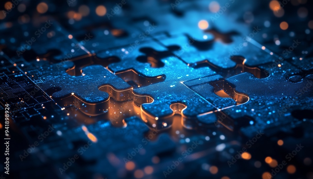 An abstract digital representation of system integration through puzzle pieces and luminous circuits, illustrating the complexity and connectivity of modern API structures.