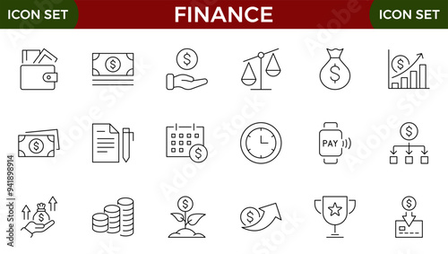 Finance line web icons Money and Coins. Cash, Credit Cards, Money Bag, Containing banking, Investment, income, accounting, money, loan.