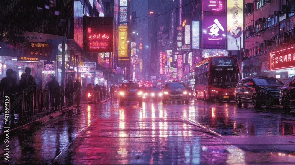A high-resolution image of a bustling urban street at dusk, with bright streetlights and neon signs reflecting off wet pavement. A high-resolution image of a bustling urban street at dusk, with bright streetlights and neon signs reflecting off wet pavement.