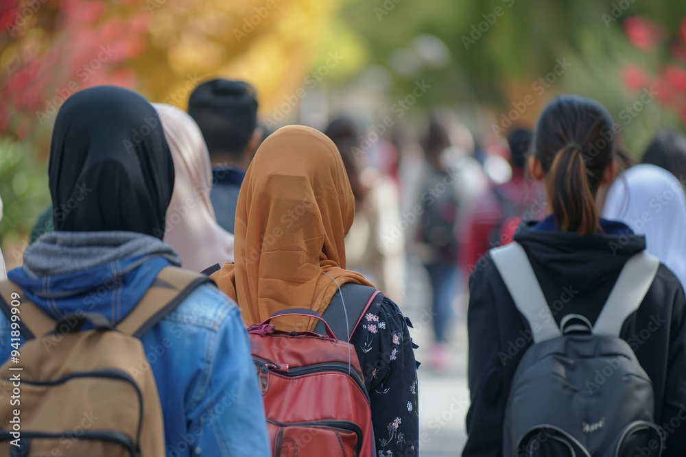 A group of people wearing backpacks and scarves walk down a sidewalk A group of people wearing backpacks and scarves walk down a sidewalk