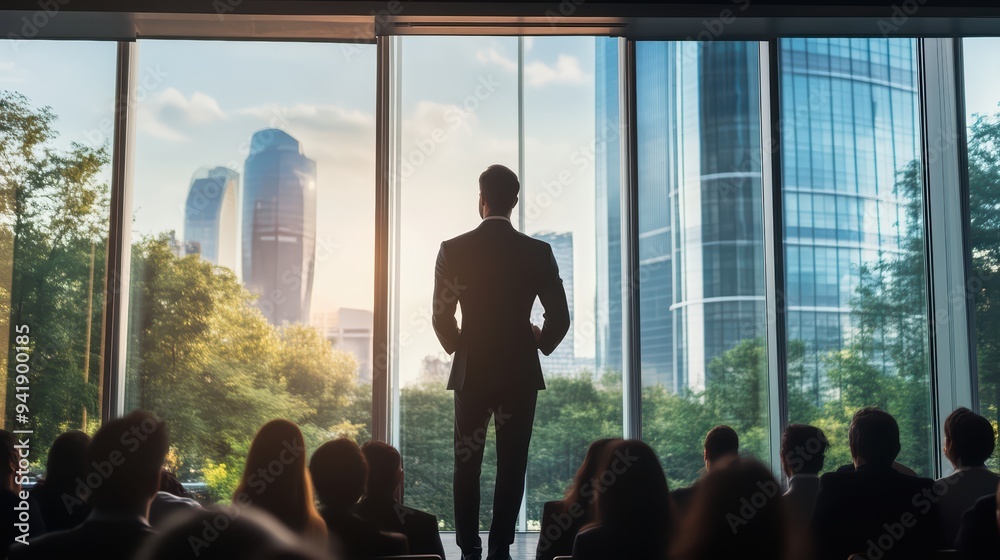 Fototapeta premium A businessman standing in front of a large window, overlooking a city skyline. Perfect for corporate and motivational themes.
