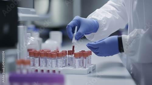 Healthcare worker skillfully collecting blood samples for testing in a modern laboratory setting, ensuring accuracy and safety protocols.