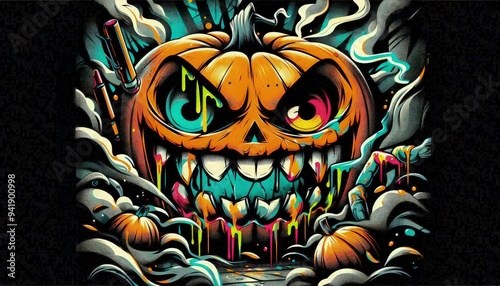 Bold lithographic style artwork featuring a Halloween background with a graffiti-style pumpkin, showcasing exaggerated funny teeth and vibrant paint splashes in the eyes, set against a spooky night photo