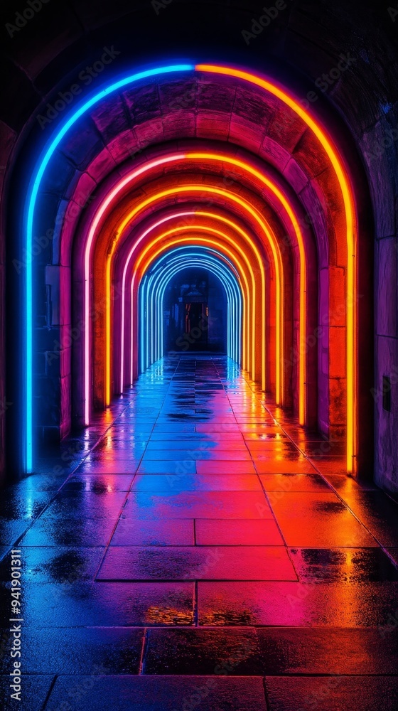 Obraz premium Futuristic Neon Corridor with Glowing Arches and Reflective Tiles