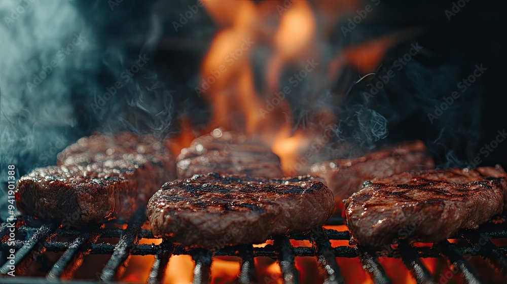 Grilling meat on an open flame with visible heat and smoke, outdoor BBQ setting - Grilling meat on an open flame with visible heat and smoke, outdoor BBQ setting -