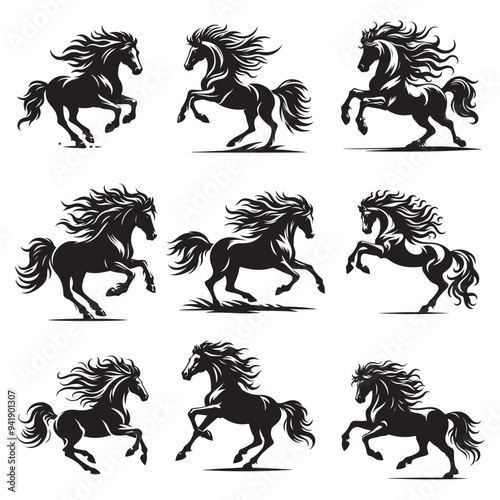 Jumping Horse Silhouette Clip Art Bundle, Horse silhouette vector