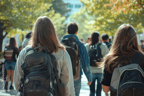 A group of people walking down a street with backpacks