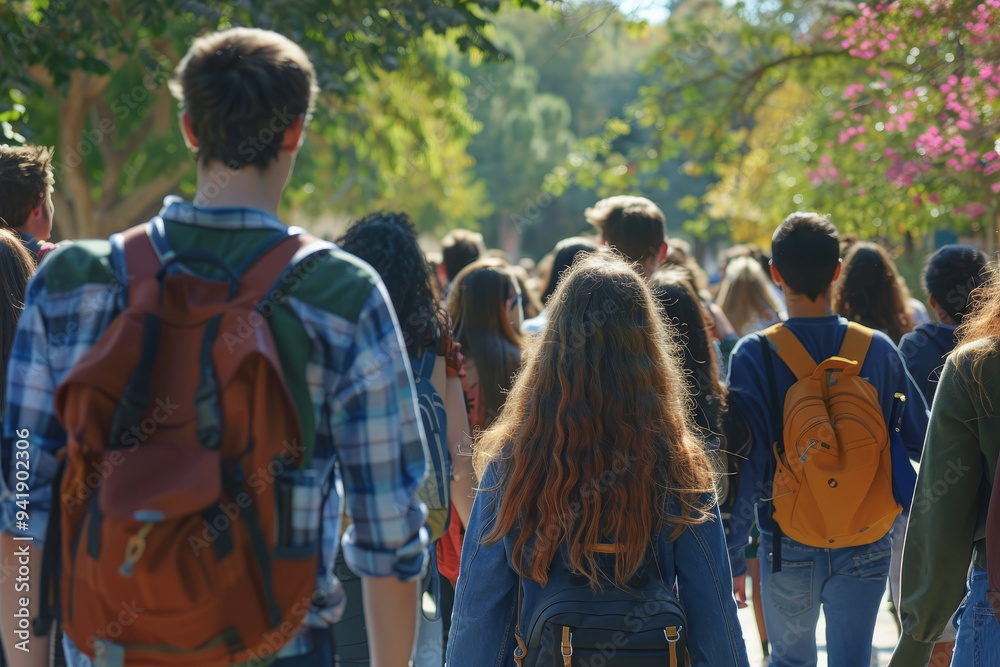 A group of people walking down a street with backpacks A group of people walking down a street with backpacks