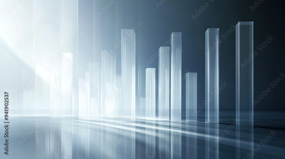 High-tech bar graph made of transparent glass bars with light reflections, minimalist background -- High-tech bar graph made of transparent glass bars with light reflections, minimalist background --