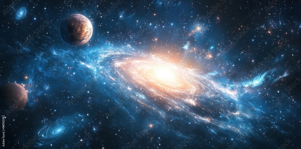 A Cosmic Spiral Galaxy with Planets and Stars in Deep Space A Cosmic Spiral Galaxy with Planets and Stars in Deep Space