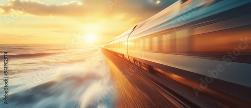 A dynamic train speeds along a scenic coastline at sunset, creating a mesmerizing blend of colors and motion.