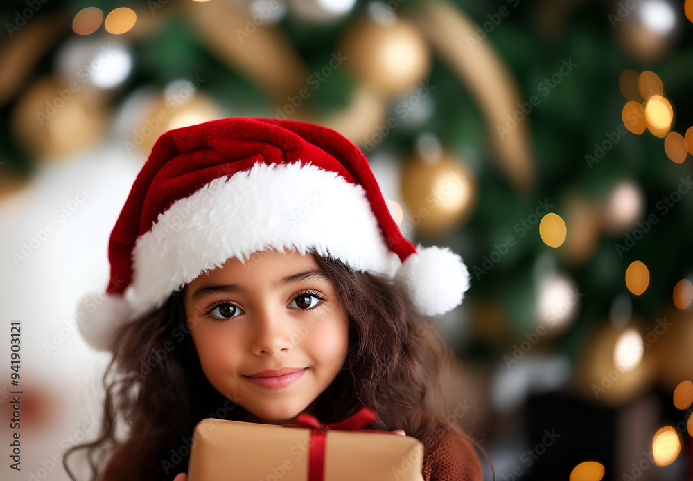smiling brunette girl in santa claus hat holding christmas gift box; xmas tree, gifts & decoration as a background; copy space; latino beauty type kid smiling brunette girl in santa claus hat holding christmas gift box; xmas tree, gifts & decoration as a background; copy space; latino beauty type kid