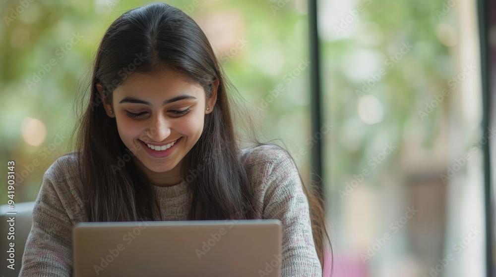 Smiling Woman Using Laptop Smiling Woman Using Laptop