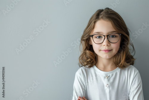 A young girl wearing glasses is smiling and looking at the camera