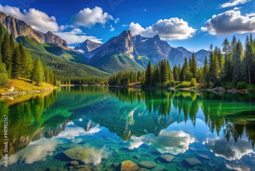 Serene Lake Reflections: Tranquil, idyllic, cerulean hues, glassy water, towering mountains