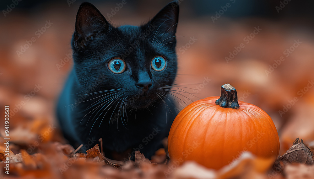 Cute Black Kitten Next to Pumpkin in Autumn Forest, Halloween Theme Cute Black Kitten Next to Pumpkin in Autumn Forest, Halloween Theme