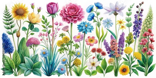 Fototapeta Naklejka Na Ścianę i Meble -  Watercolor Garden Flowers A Floral Tapestry, watercolor, floral, botanical illustration, garden flowers