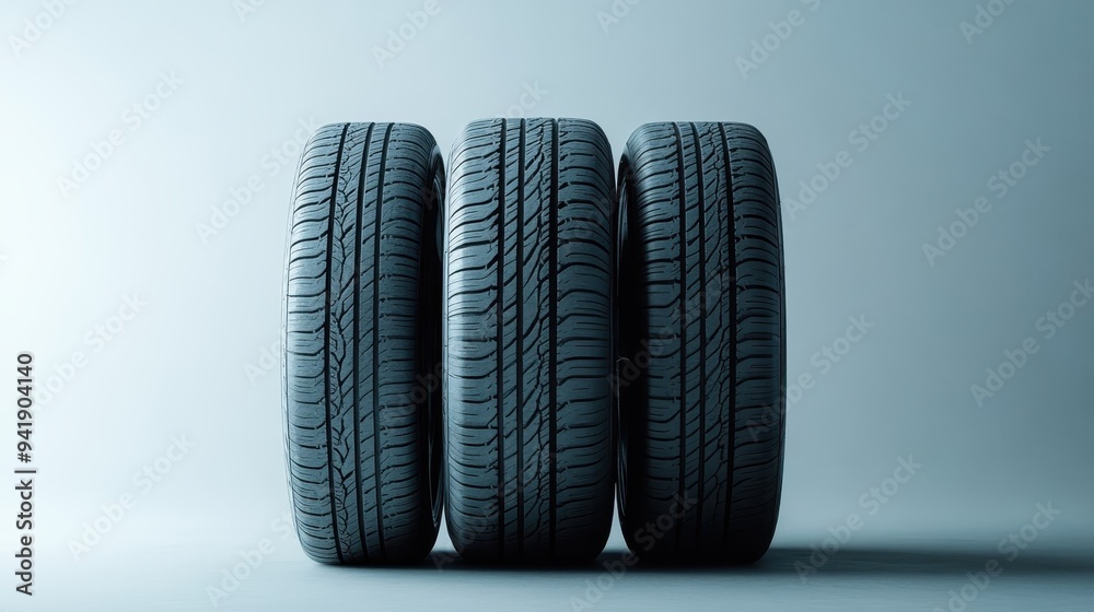 Crisp and clean image of three aligned car tires viewed from the front against a minimal background, ideal for automotive advertisements or tire-related content showcasing tire patterns and quality. Crisp and clean image of three aligned car tires viewed from the front against a minimal background, ideal for automotive advertisements or tire-related content showcasing tire patterns and quality.