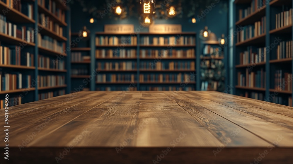 A library with a wooden table in the middle A library with a wooden table in the middle