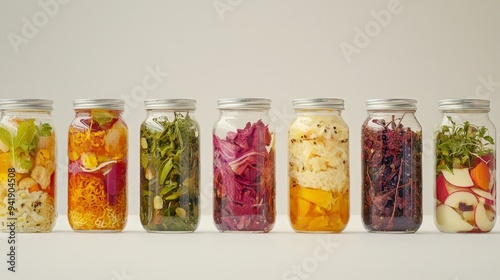 Artistic arrangement of colorful fermented foods in clear glass jars, clean white background, sharp focus on textures, professional food styling, 4k detail