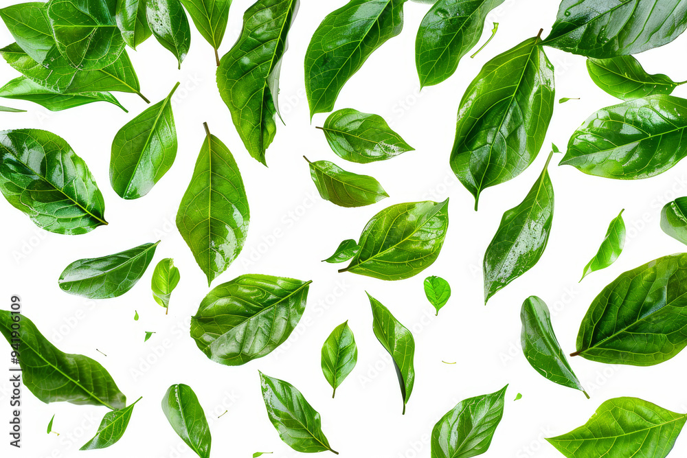 A bunch of green leaves are scattered in the air