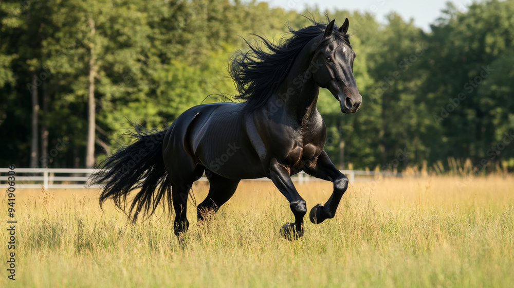 Black Stallion Running Through a Meadow Black Stallion Running Through a Meadow