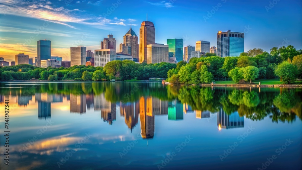 Obraz premium Serene Skyline: Twin cities skyline with a peaceful lake reflection, tranquil, serene, green and blue