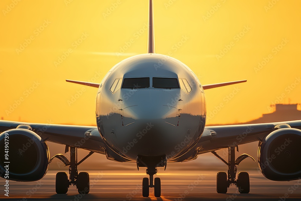 Naklejka premium A sleek airplane at sunset, showcasing a stunning silhouette against an orange sky, symbolizing travel and adventure.