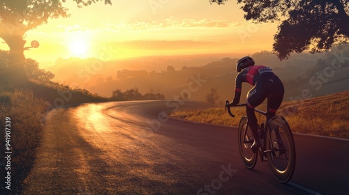 A cyclist riding on a winding road at sunset.