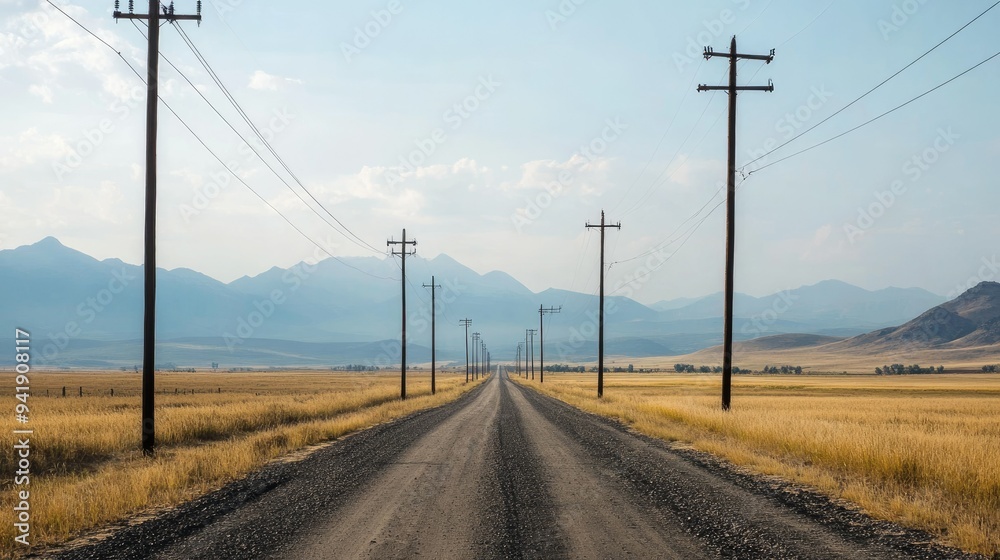 Row of electric poles along a rural road, with fields and mountains in the distance Row of electric poles along a rural road, with fields and mountains in the distance