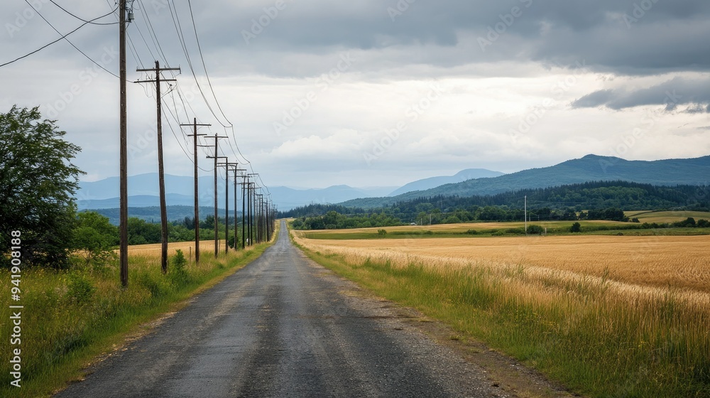 Row of electric poles along a rural road, with fields and mountains in the distance Row of electric poles along a rural road, with fields and mountains in the distance