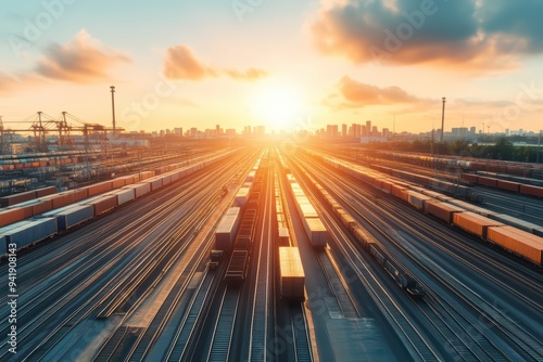 A stunning sunset over a bustling freight yard, showcasing rows of cargo trains and city skyline in the background.