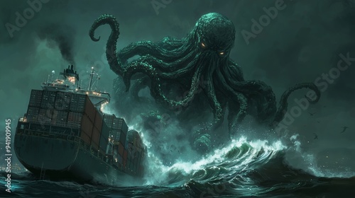 Dark Fantasy Concept Art of Cthulu Rising from the Ocean and Attacking a Cargo Ship in a Storm