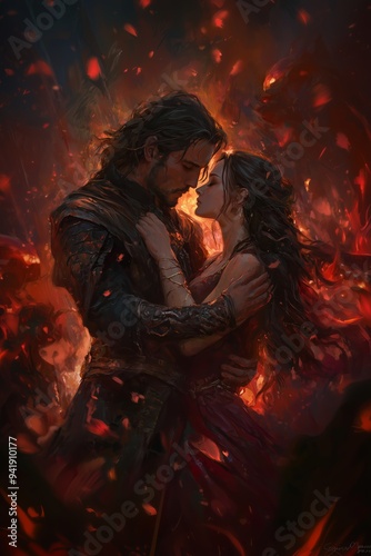 Hades and Persephone Embracing in the Underworld Mythical Fantasy Concept Art