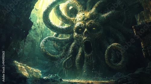 Evil Monstrous Snake Head Creature in a Cave Dark Fantasy Horror Concept Art
